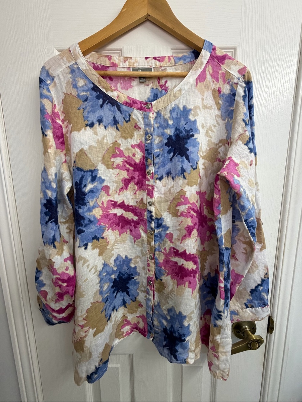 JM Collection 100% Linen Floral Boho Button Front Blue Pink Top Women's sz 12 M